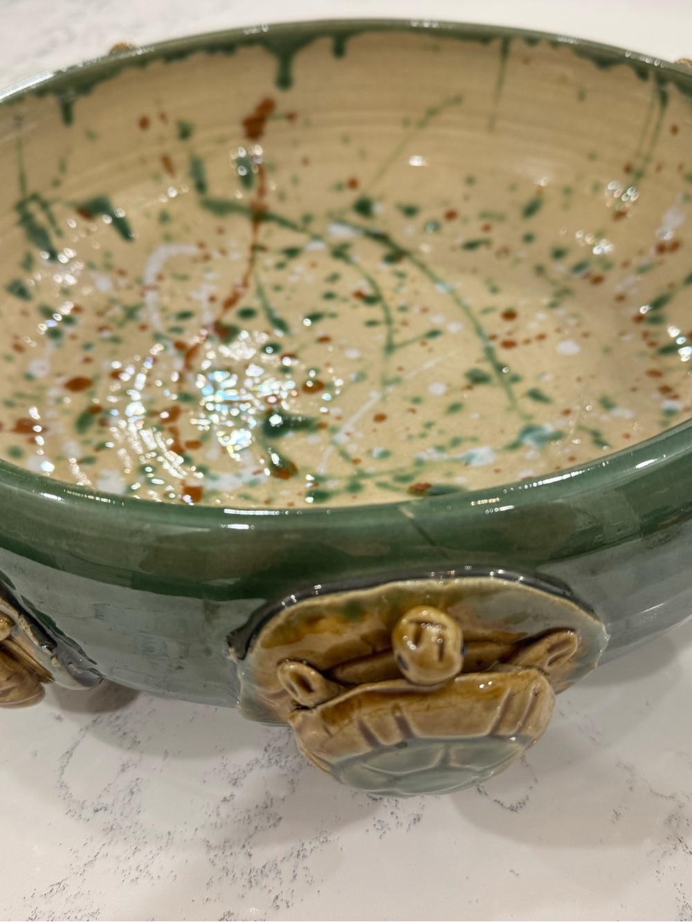 Green Glazed Ceramic Serving Bowl with Turtle Accents